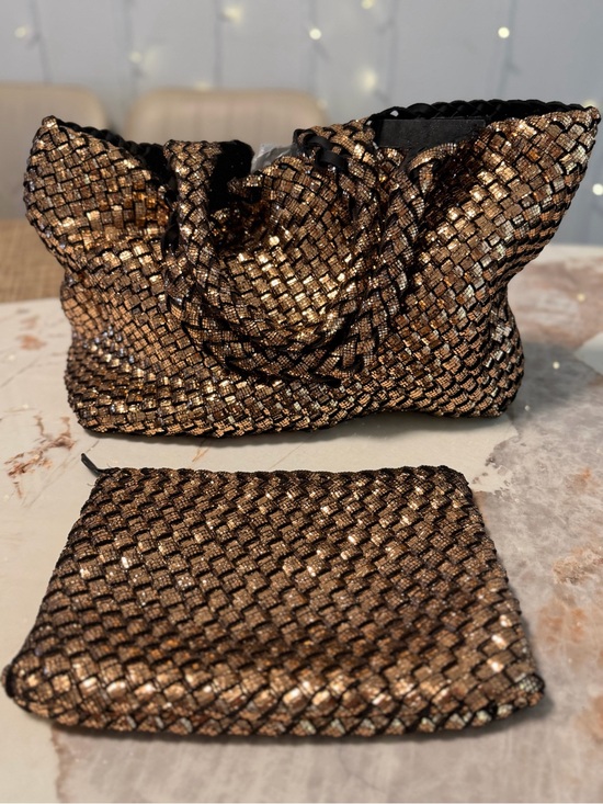 Naghedi Handbags - NAGHEDI Metallic Bronze Woven Tote Bag & Matching Zip Pouch Set